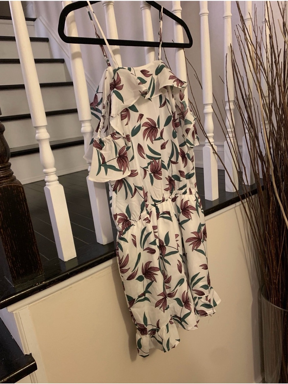 Floral Off-Shoulder Spaghetti Strap Romper - White with Purple & Green